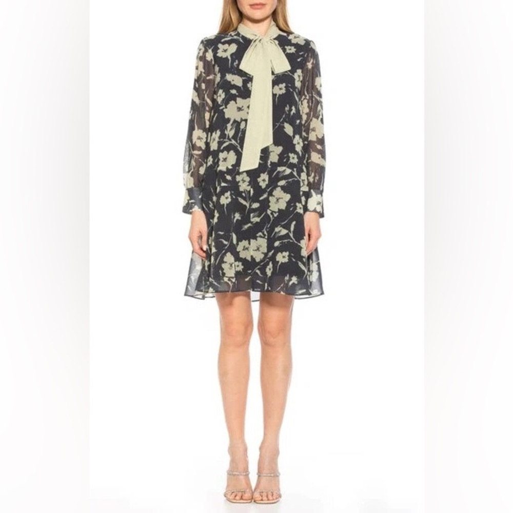 Alexia Admor Drop Waist Tie Neck Long Sleeve Floral Dress Navy Soft Lime XS